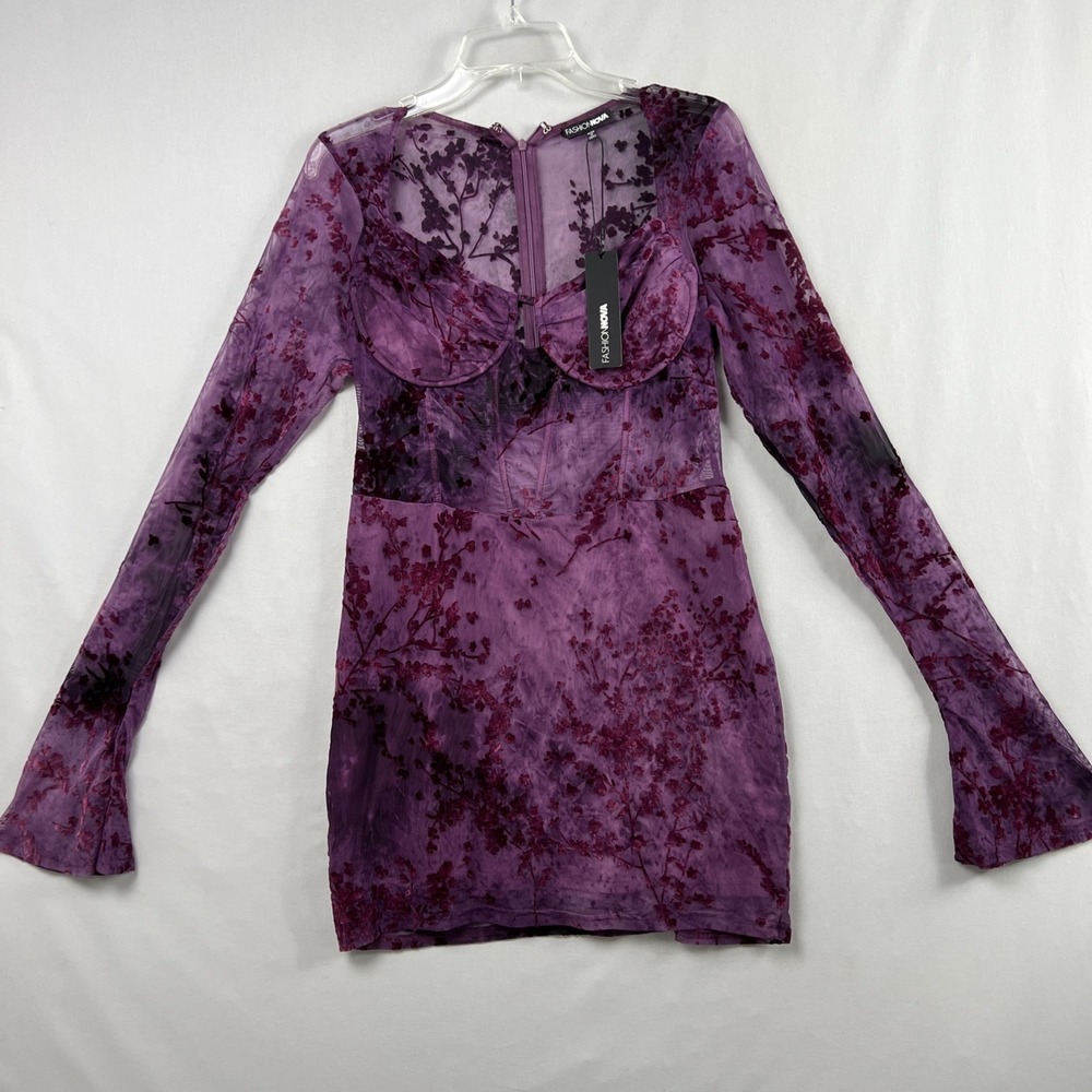 Fashion Nova Riley Mesh Mini Dress Womens XL Plum Burnout Date Night NEW